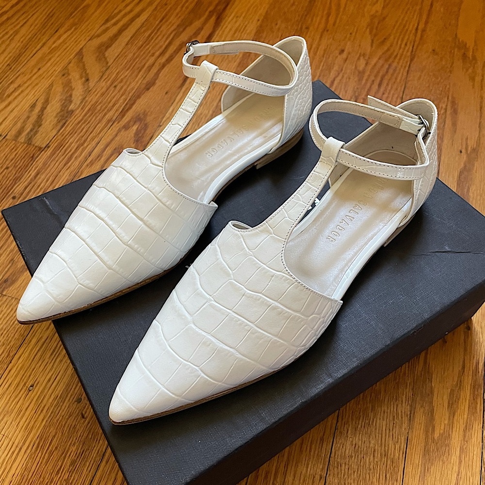 Freda Salvador White Croc-Embossed T-Strap Flats
